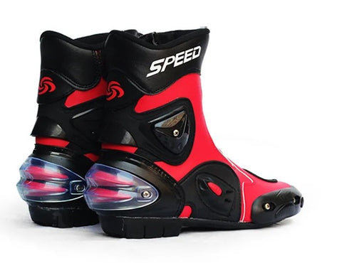 Black, Red & White Speed Leather Motorcycle Mid Boots