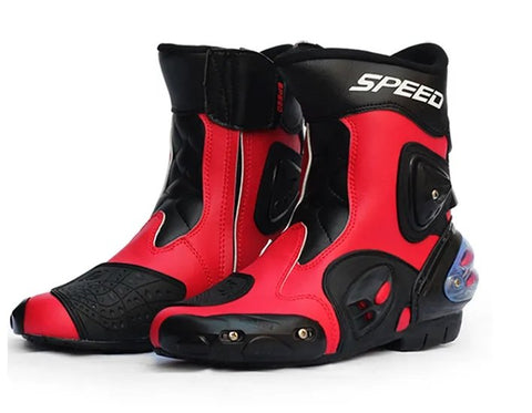 Black, Red & White Speed Leather Motorcycle Mid Boots