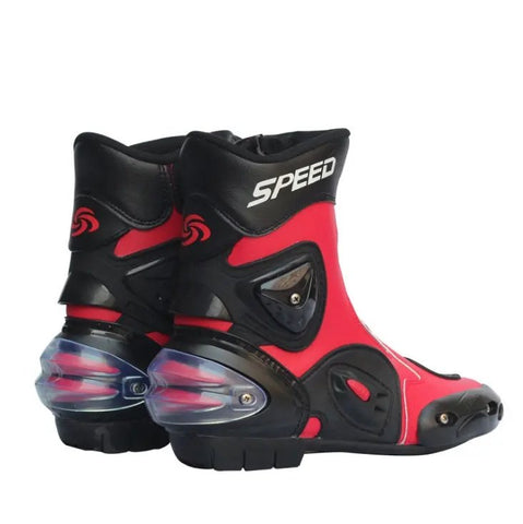 Black, Red & White Speed Leather Motorcycle Mid Boots