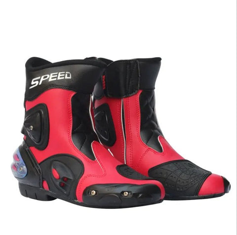 Black, Red & White Speed Leather Motorcycle Mid Boots