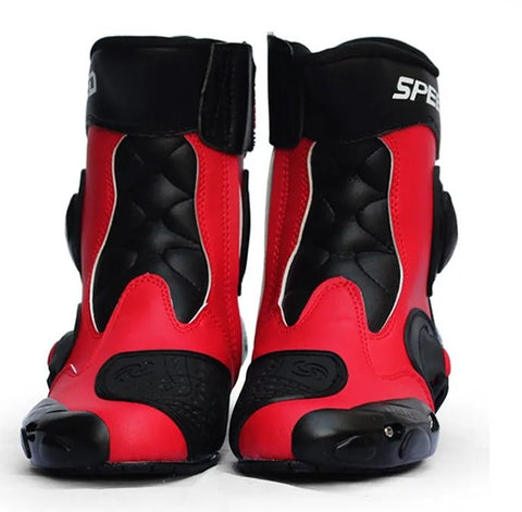 Black, Red & White Speed Leather Motorcycle Mid Boots