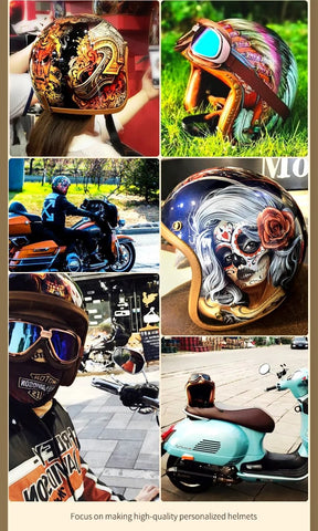 Hand Painted Woman, Snake & Turtle Retro Motorcycle Helmet