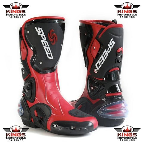 White, Black & Red Speed Leather Motorcycle Boots