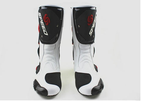 White, Black & Red Speed Leather Motorcycle Boots