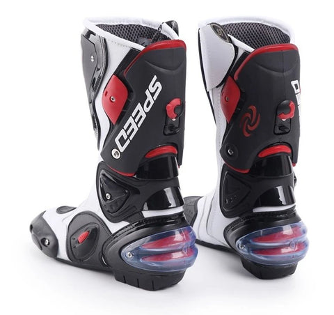 White, Black & Red Speed Leather Motorcycle Boots