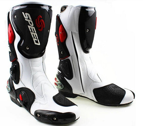 White, Black & Red Speed Leather Motorcycle Boots