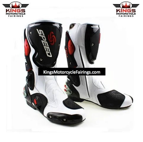 White, Black & Red Speed Leather Motorcycle Boots