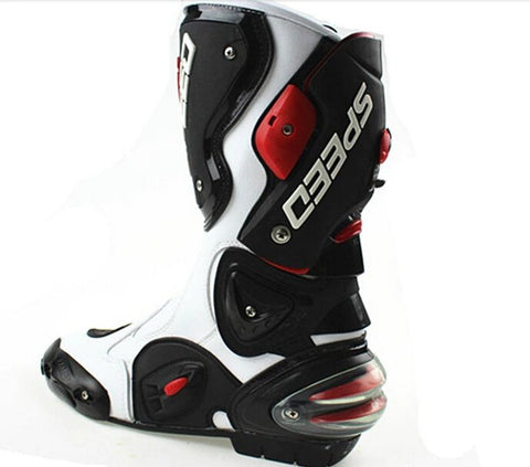 White, Black & Red Speed Leather Motorcycle Boots