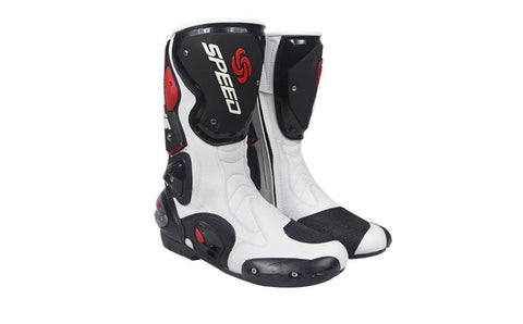 White, Black & Red Speed Leather Motorcycle Boots