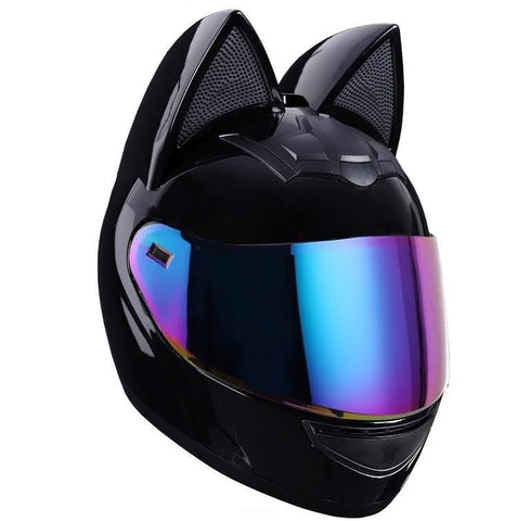 Black HNJ Motorcycle Helmet with Cat Ears & Black Visor