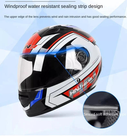 White, Black, Red & Blue HNJ Motorcycle Helmet with Black Visor