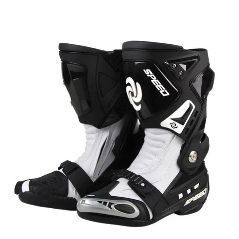 Black & White Tall Speed Leather Motorcycle Boots