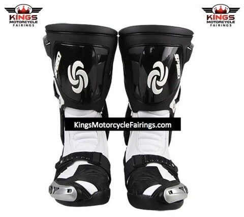 White & Black Tall Speed Leather Motorcycle Boots