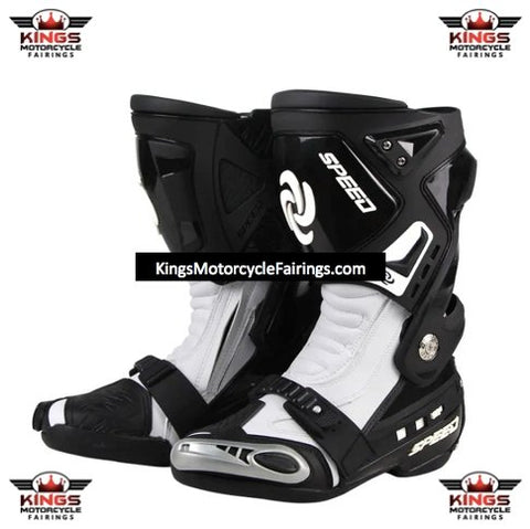 Black & White Tall Speed Leather Motorcycle Boots