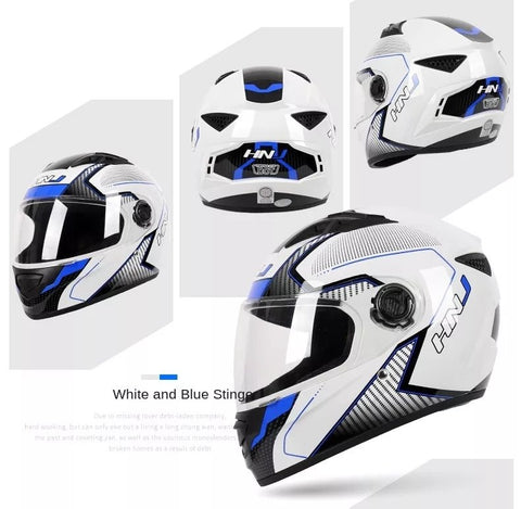 White, Black & Blue HNJ Motorcycle Helmet with Clear Visor