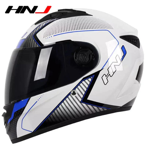 White, Black & Blue HNJ Motorcycle Helmet with Black Visor