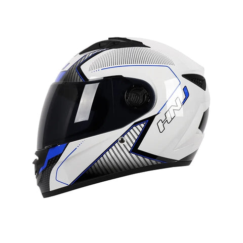 White, Black & Blue HNJ Motorcycle Helmet with Black Visor