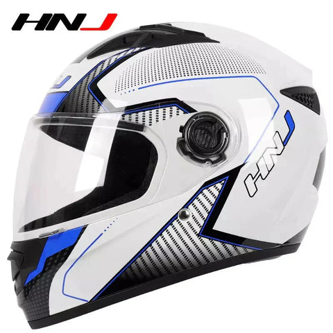 White, Black & Blue HNJ Motorcycle Helmet with Black Visor