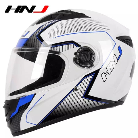 White, Black & Blue HNJ Motorcycle Helmet with Clear Visor