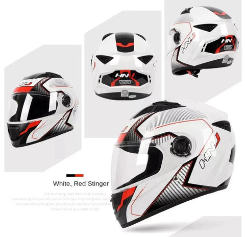 White, Black & Red HNJ Motorcycle Helmet with Black Visor