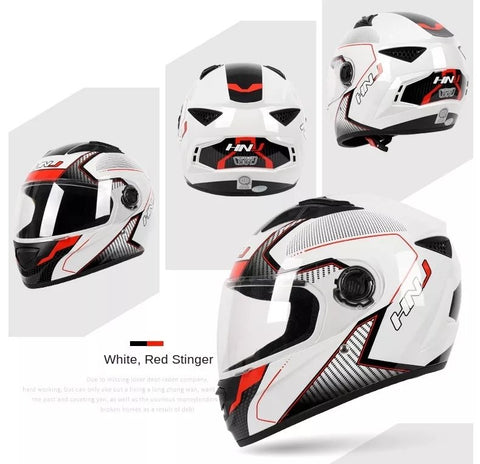 White, Black & Red HNJ Motorcycle Helmet with Clear Visor