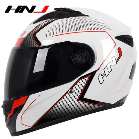 White, Black & Red HNJ Motorcycle Helmet with Black Visor