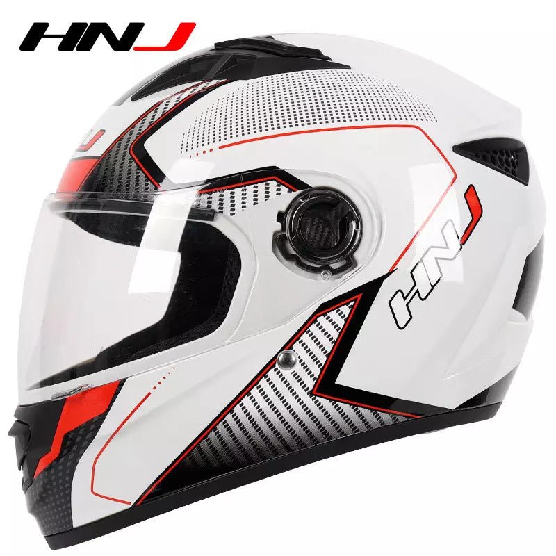 White, Black & Red HNJ Motorcycle Helmet with Clear Visor