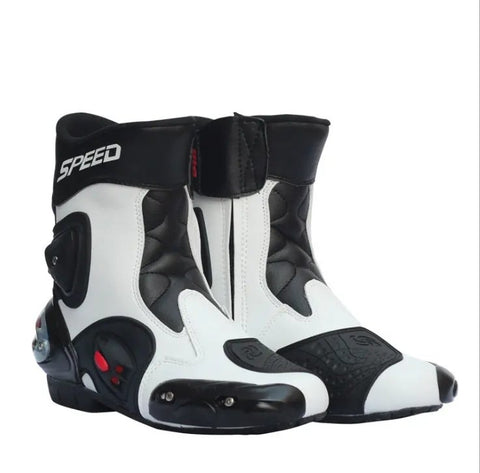 Black, Red & White Speed Leather Motorcycle Mid Boots