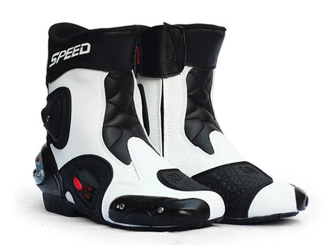 Black, Red & White Speed Leather Motorcycle Mid Boots