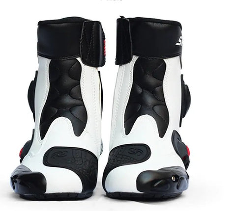 White, Black & Red Speed Leather Motorcycle Mid Boots