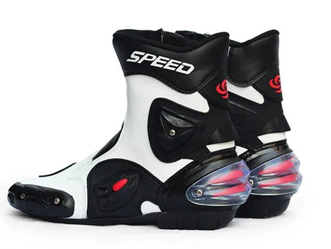 Black, Red & White Speed Leather Motorcycle Mid Boots