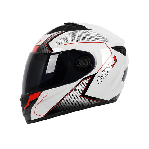 White, Black & Red HNJ Motorcycle Helmet with Black Visor