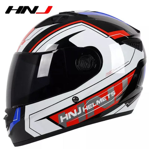 White, Black, Red & Blue HNJ Motorcycle Helmet with Black Visor