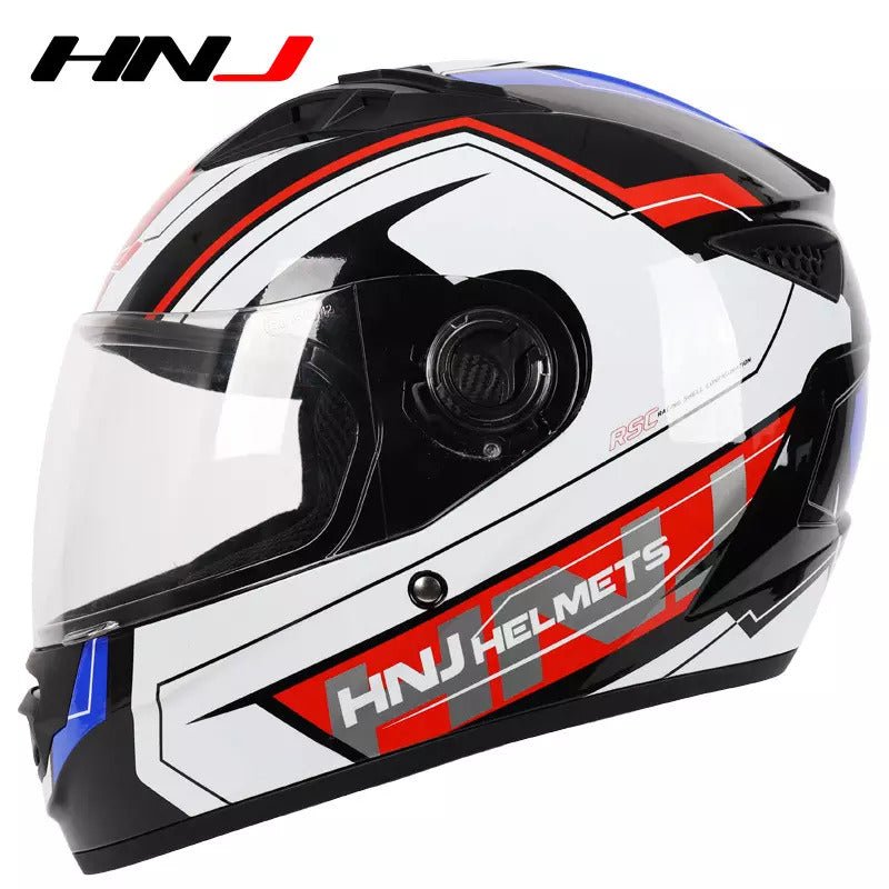 White, Black, Red & Blue HNJ Motorcycle Helmet with Clear Visor