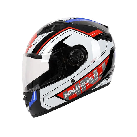 White, Black, Red & Blue HNJ Motorcycle Helmet with Clear Visor