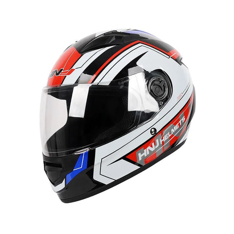 White, Black, Red & Blue HNJ Motorcycle Helmet with Clear Visor