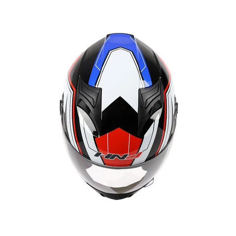 White, Black, Red & Blue HNJ Motorcycle Helmet with Clear Visor