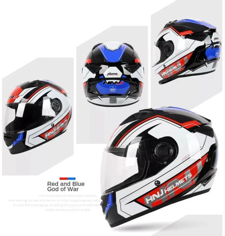 White, Black, Red & Blue HNJ Motorcycle Helmet with Black Visor