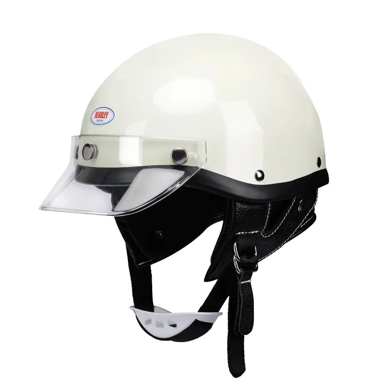 White & Clear Retro Open Face 3/4 Beasley Motorcycle Helmet