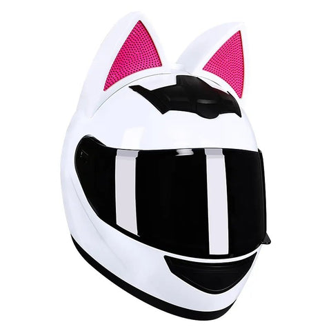 White & Pink HNJ Motorcycle Helmet with Cat Ears & Clear Visor