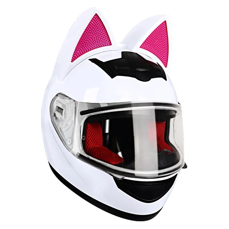 White & Pink HNJ Motorcycle Helmet with Cat Ears & Clear Visor