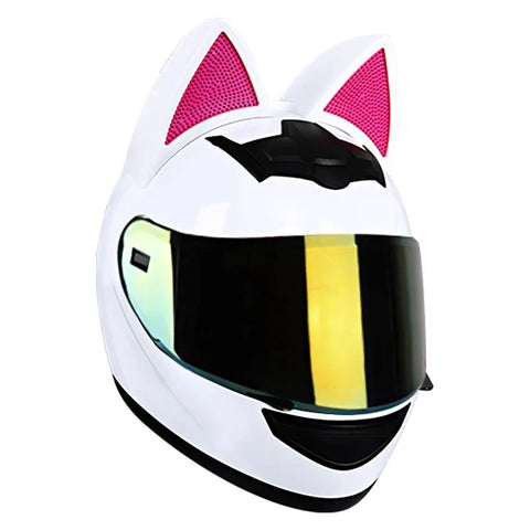 White & Pink HNJ Motorcycle Helmet with Cat Ears & Clear Visor