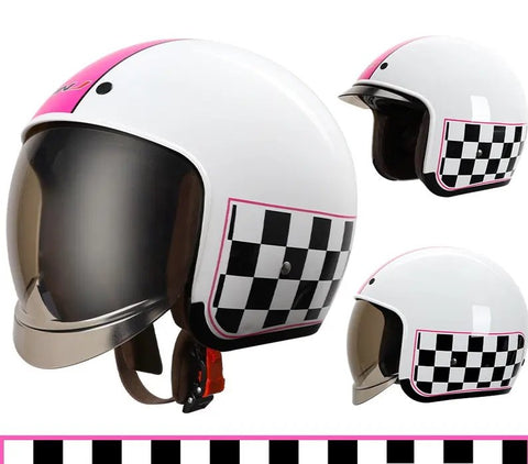 White, Pink & Black Checkered Retro Motorcycle Helmet