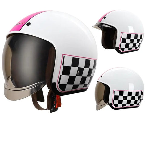 White, Pink & Black Checkered Retro Motorcycle Helmet