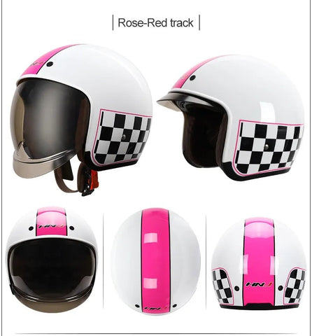 White, Pink & Black Checkered Retro Motorcycle Helmet