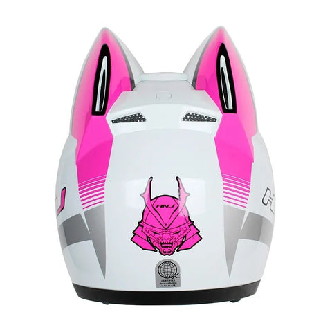 White, Pink & Silver HNJ Motorcycle Helmet with Cat Ears & Gold Visor