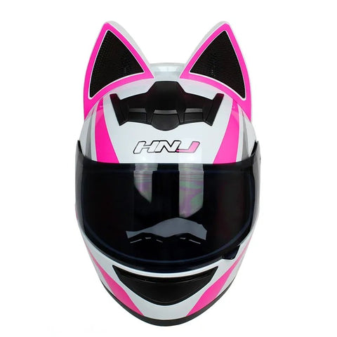 White, Pink & Silver HNJ Motorcycle Helmet with Cat Ears & Gold Visor