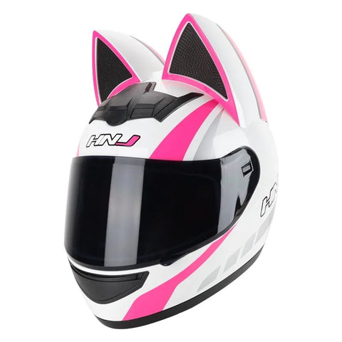 White, Pink & Silver HNJ Motorcycle Helmet with Cat Ears & Gold Visor