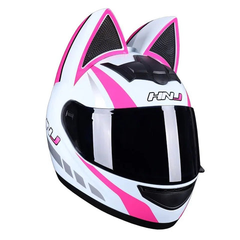 White, Pink & Silver HNJ Motorcycle Helmet with Cat Ears & Gold Visor