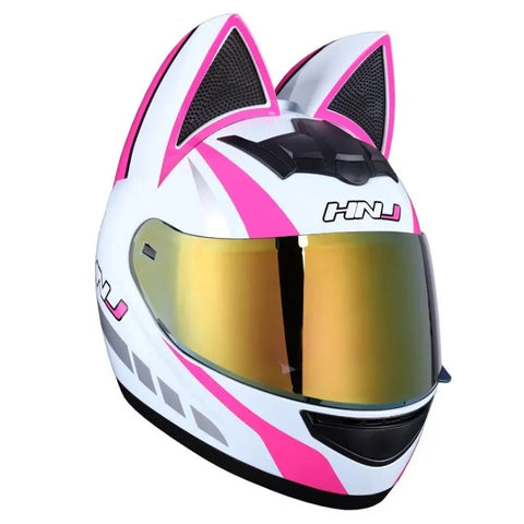 White, Pink & Silver HNJ Motorcycle Helmet with Cat Ears & Gold Visor